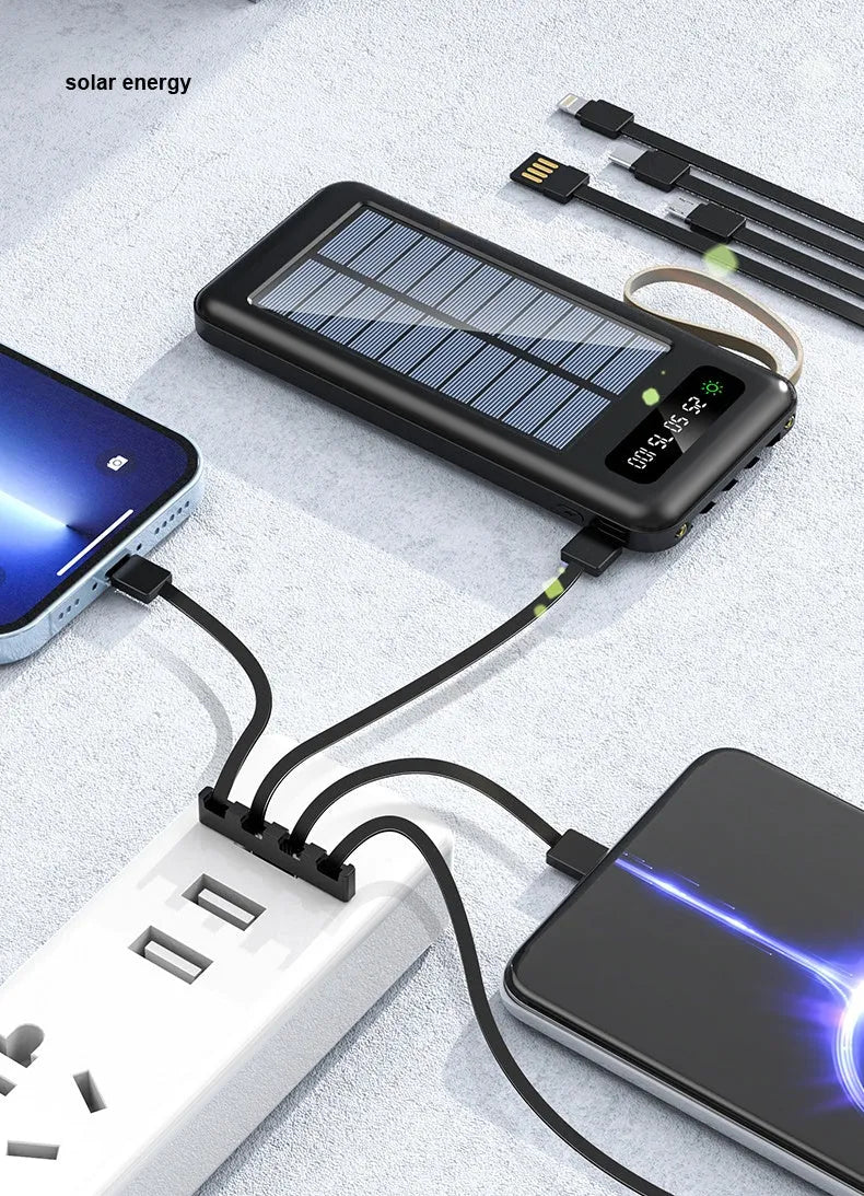 Cool black and ivory white solar power bank with capacity display and charging cable.