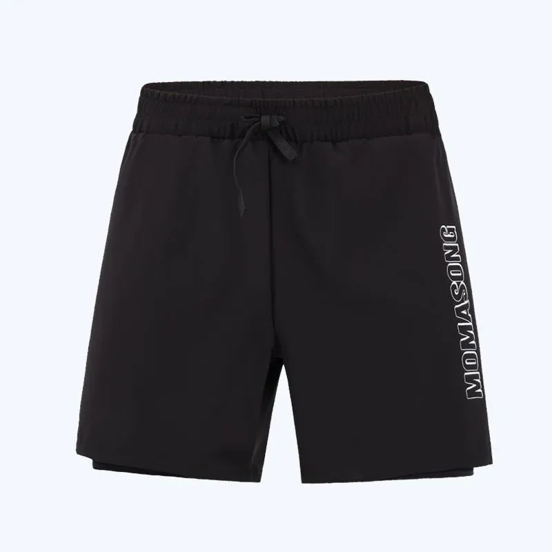 Men's white long-sleeved swim top and matching navy blue swim trunks set for outdoor water sports.
