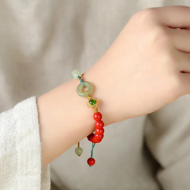 Cinnabar Hetian jade safety buckle bracelet with 8mm flower-shaped beads in retro ethnic style