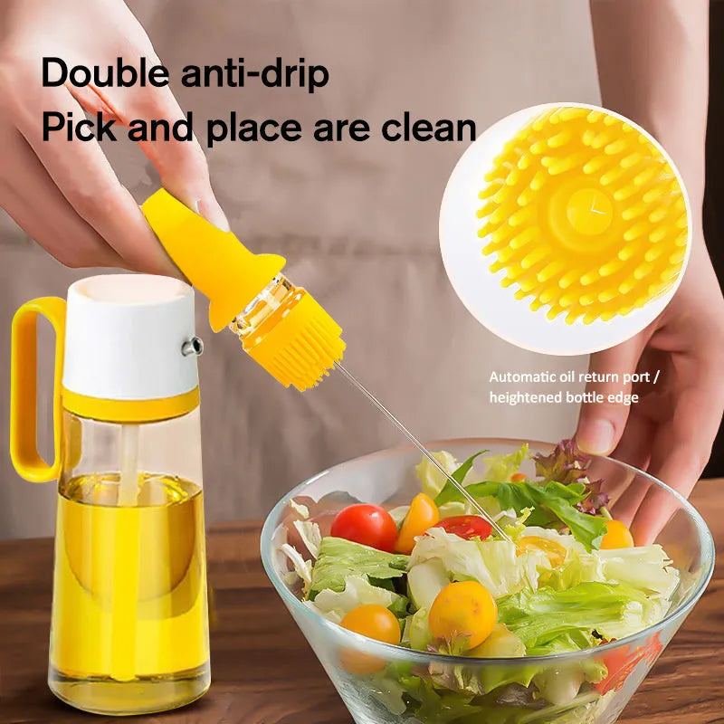 Transparent glass oil dispenser with silicone brush, stainless steel nozzle, in yellow, green, or brown.