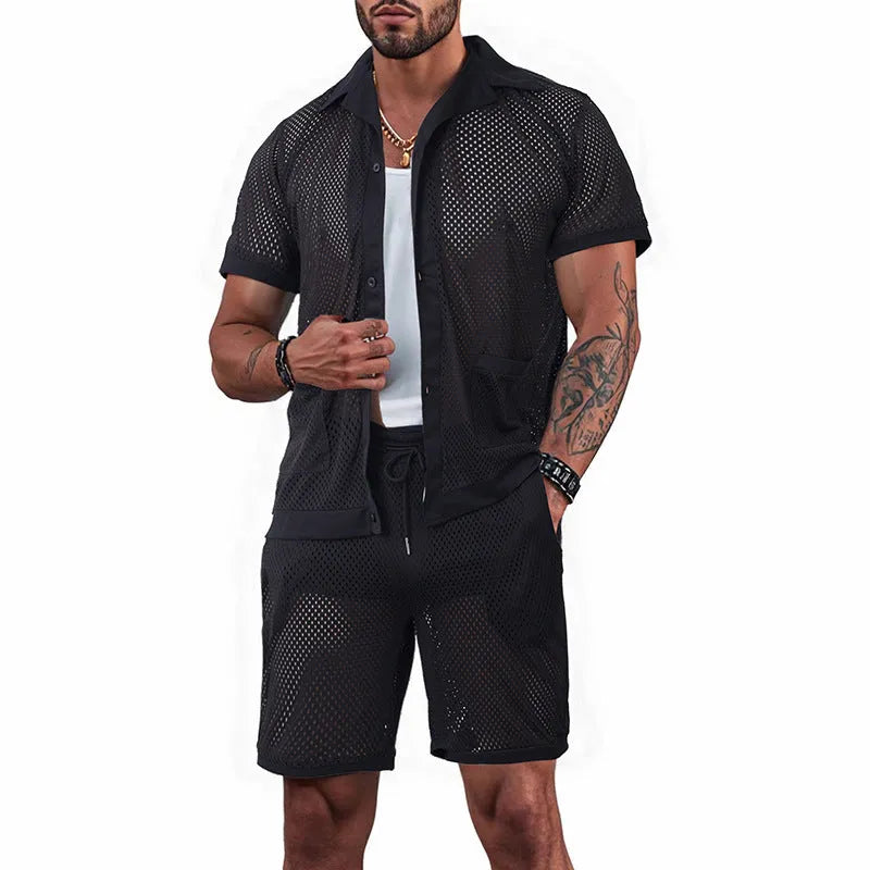 Women's light blue see-through short sleeve cardigan and matching shorts beach set laid flat.