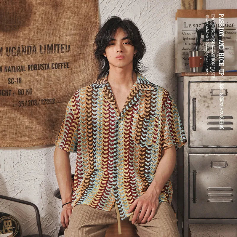 Japanese style Cuban collar polyester shirt in grey and red colours with hollow jacquard design