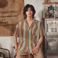 Japanese style Cuban collar polyester shirt in grey and red colours with hollow jacquard design