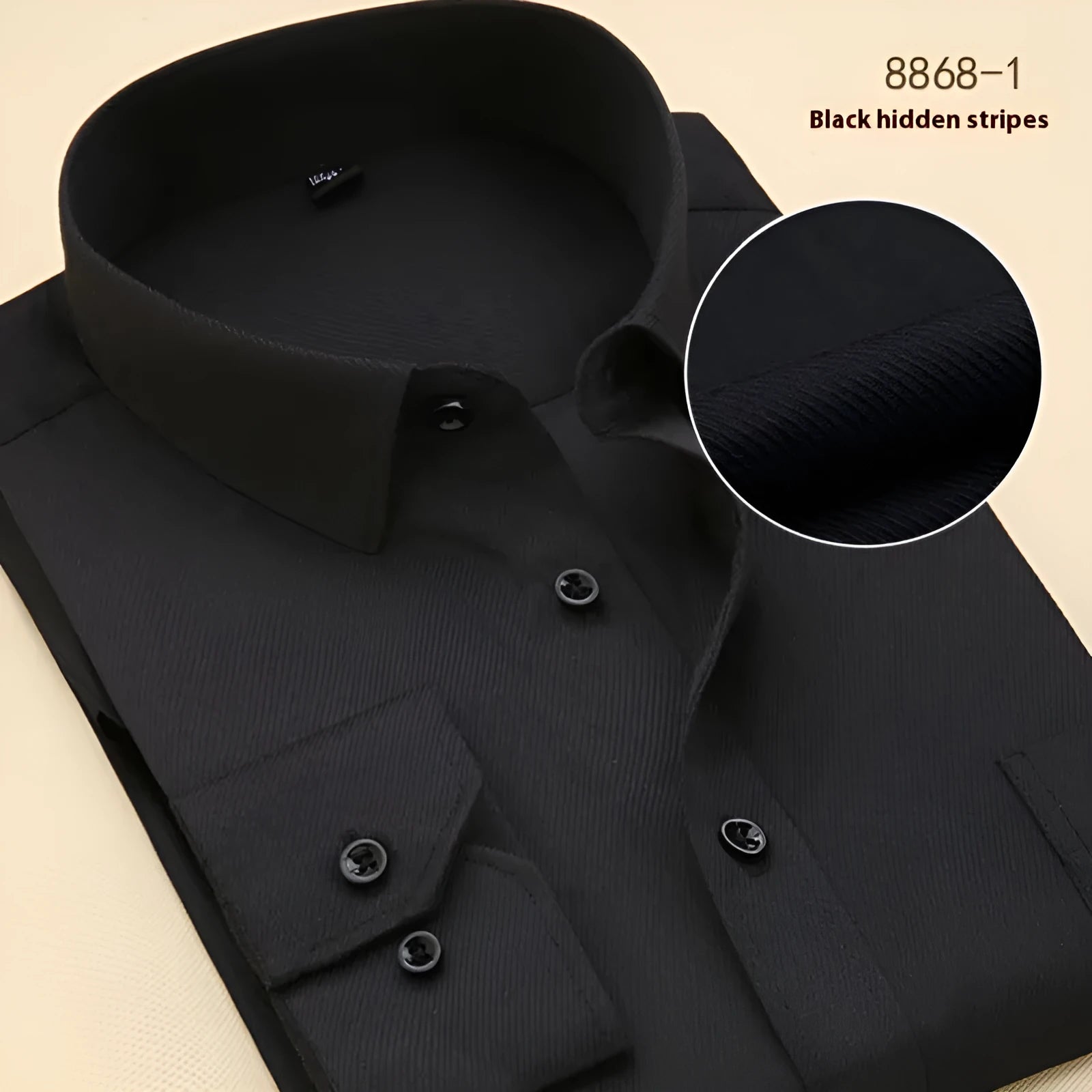 Men's black slim fit long sleeve business shirt made from cotton fabric.