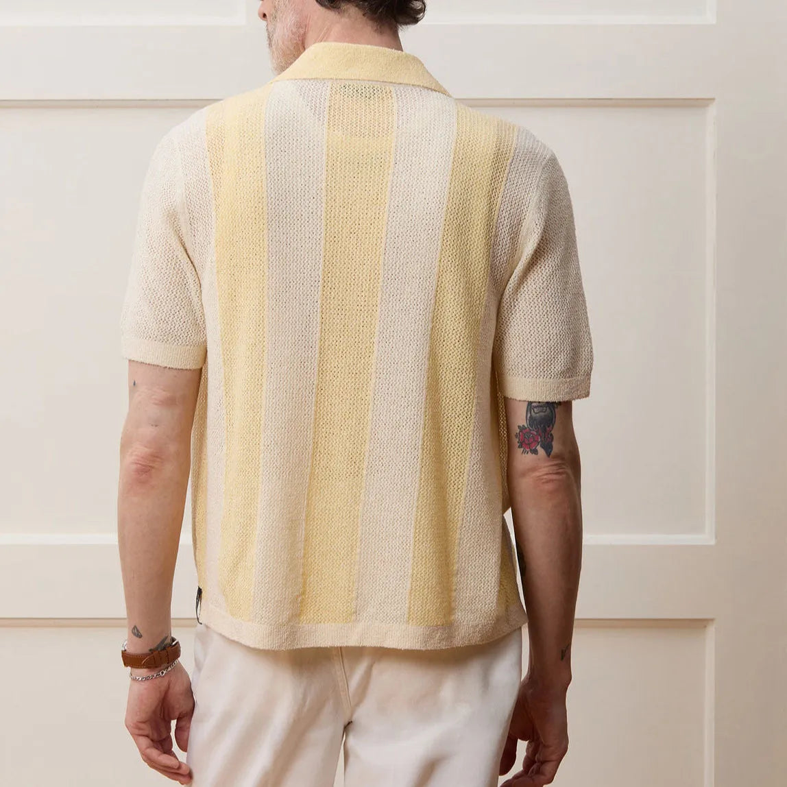 Yellow Tencel fabric casual polo shirt with asymmetric design and short sleeves