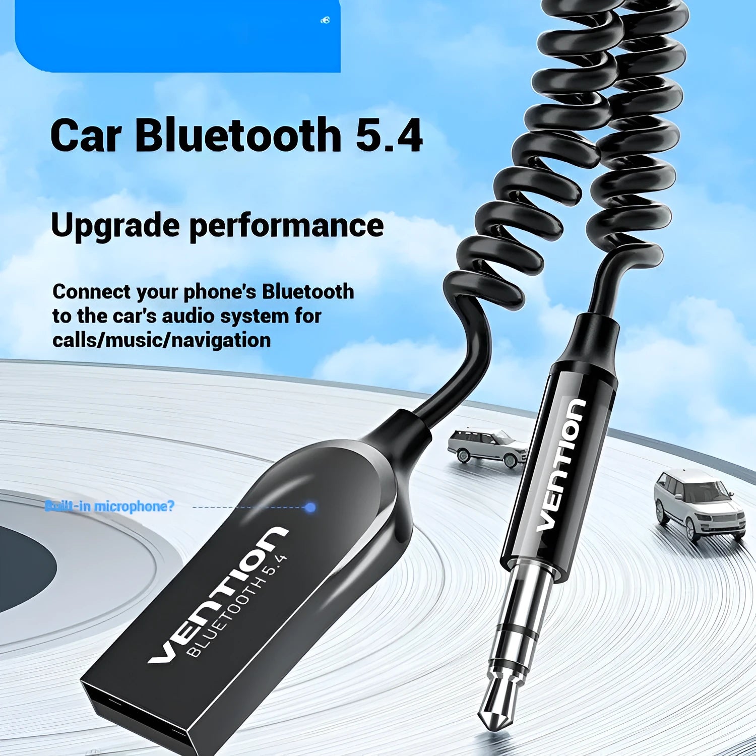 USB car Bluetooth sound receiver with zinc alloy USB connector and 3.5mm audio plug connected by PU-sheathed cable
