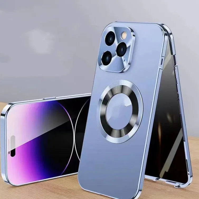 Magnetic iPhone case with anti-peep metal clip in black, blue, gold, purple, and silver colour options.