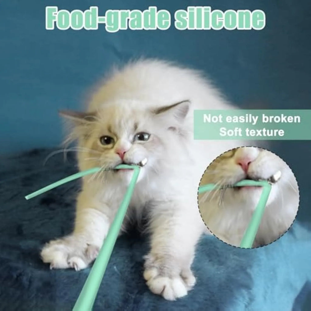 Green electronic cat wand toy with moving silicone tails for indoor cat play