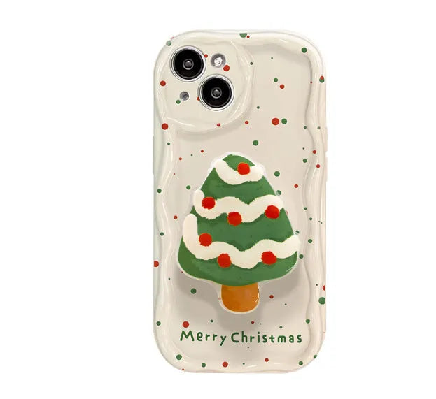 Silicone phone case with bracket, white cream colour with Christmas tree design, compatible with iPhone