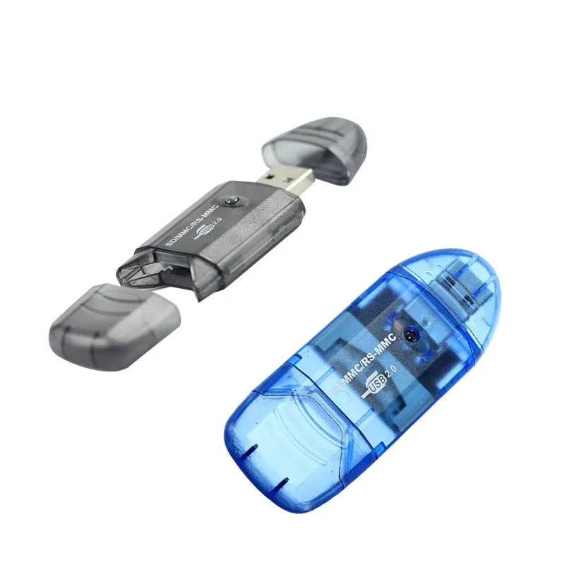 Transparent plastic USB card reader with LED light for computers, includes card holder