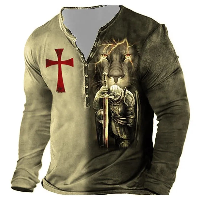 Men's long-sleeved open placket digital print camouflage T-shirt in bird eye cloth polyester fiber