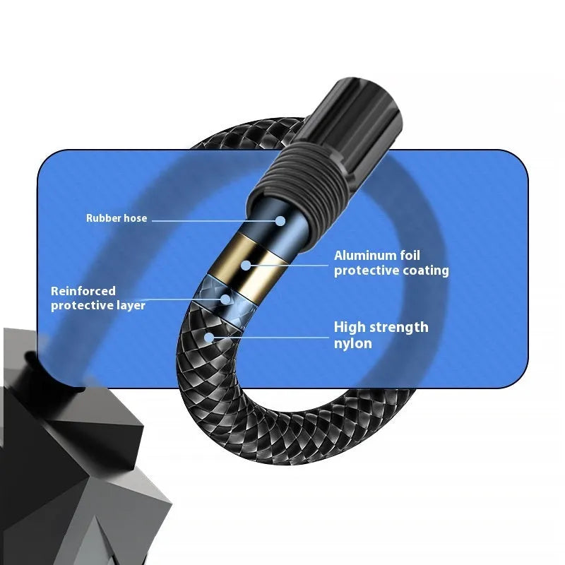 Black portable digital tyre inflator with LED light and 12V power cable for vehicles