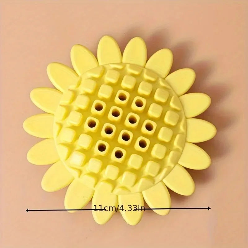 Yellow rubber sunflower dog chew toy for small dogs and puppies, 7.5cm diameter