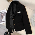 Black women's loose fit short suit coat with front pockets and regular long sleeves