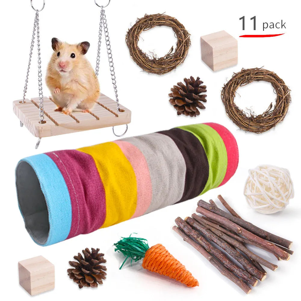 Assortment of natural wooden and woven grass chew toys for small pets like rabbits and guinea pigs