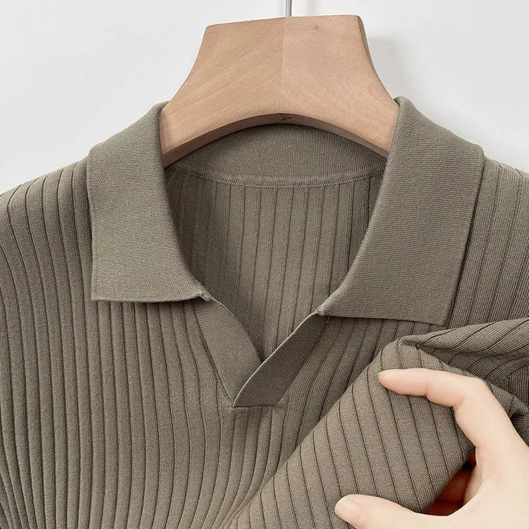 Men's mulberry silk short sleeve T-shirt with lapel collar and stripe pattern in black, white, green, grey, or khaki, sizes M to 4XL