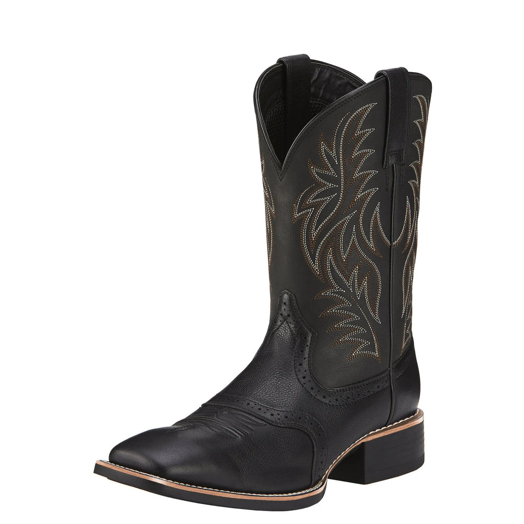 Black western cowboy boots with intricate ethnic embroidery stitching and a wide square toe.