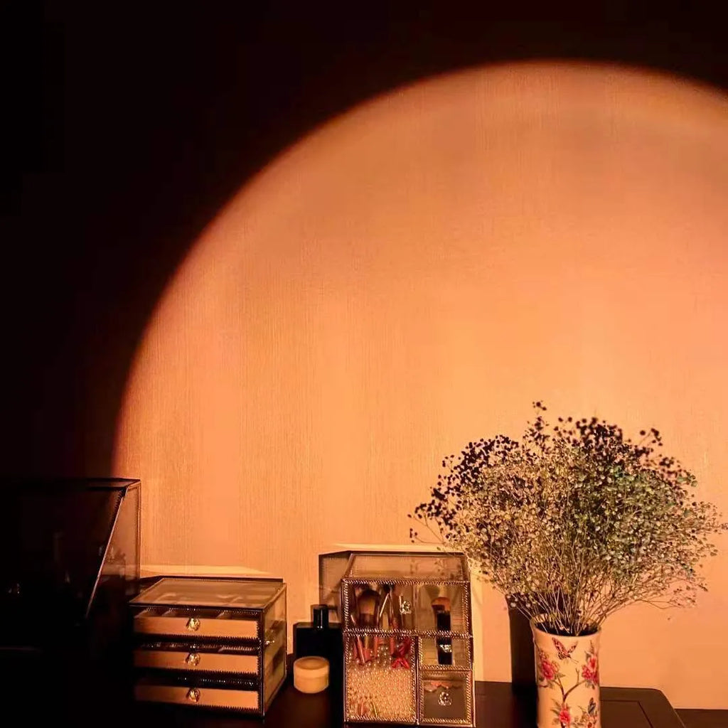 USB rechargeable rainbow sunset projection lamp showing sunset red colour effects
