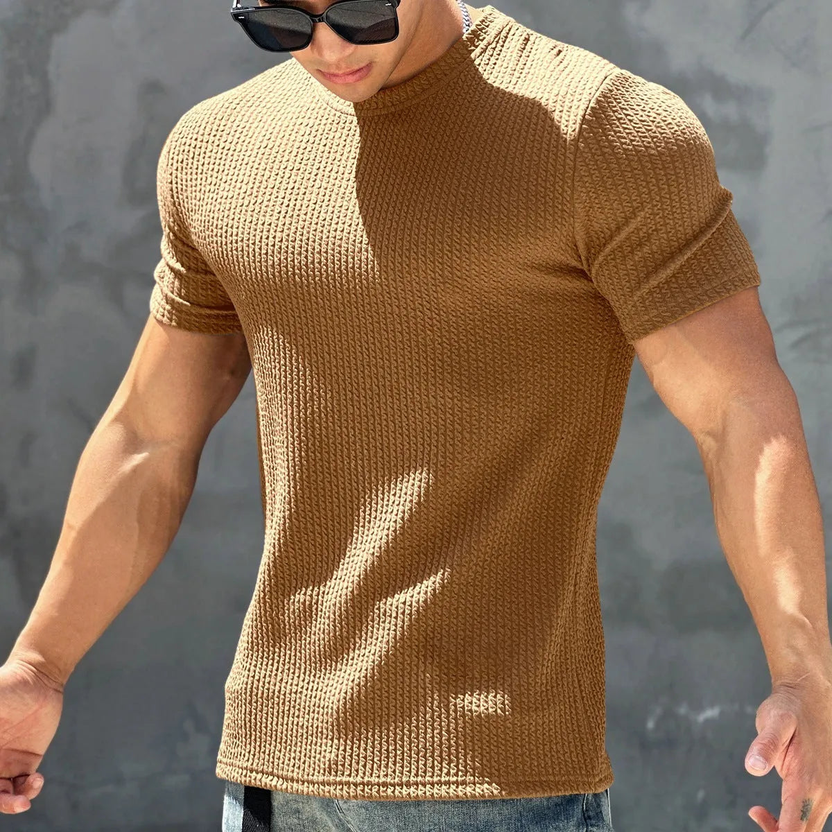 Men's short sleeved polyester sports T-shirt, quick drying, round neck, available in six colours and sizes M to 3XL.