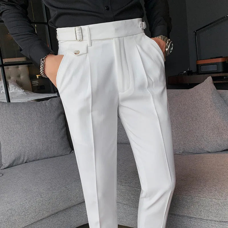Men's straight leg polyester trousers in solid colours showing front and side views