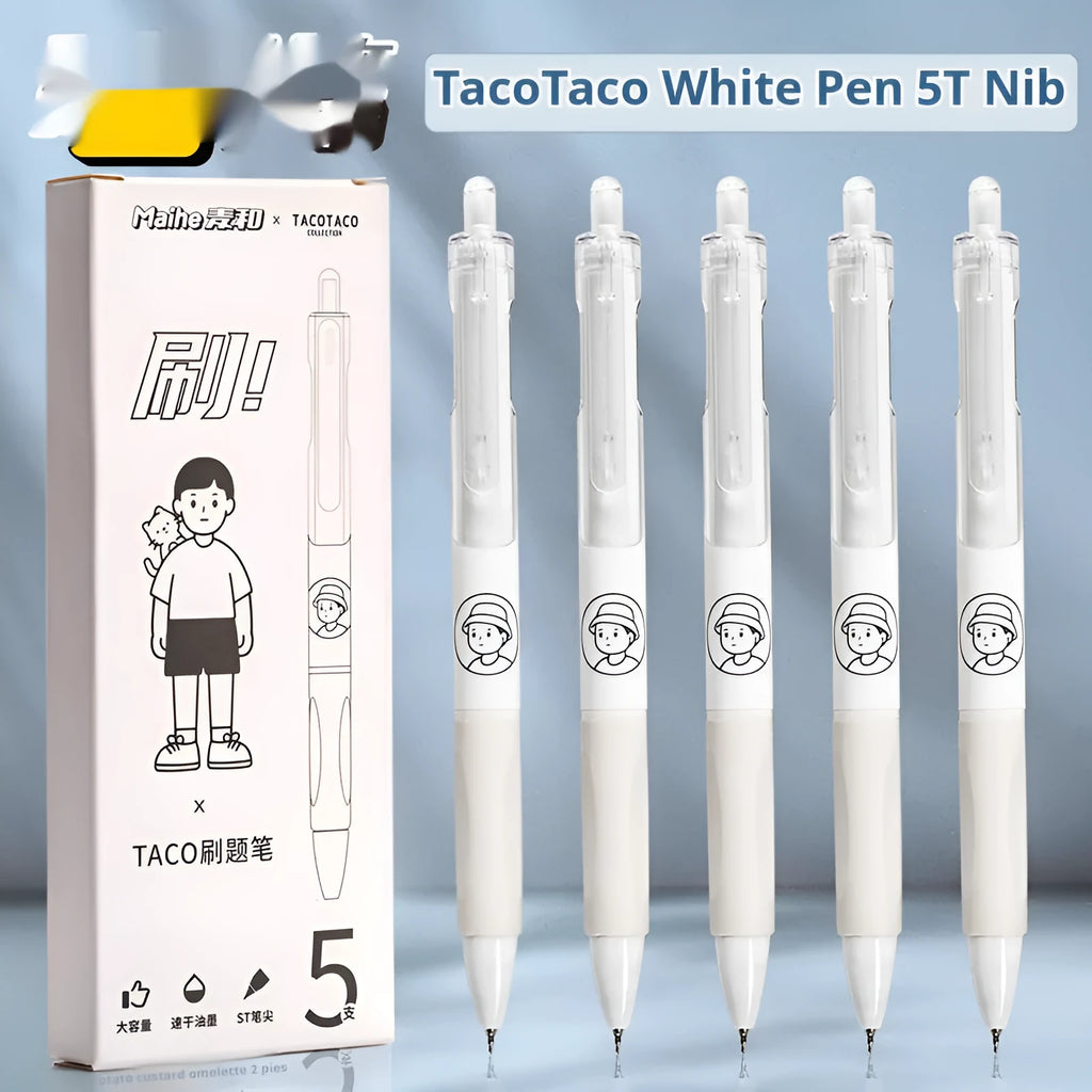 Five black plastic ballpoint pens with 0.5mm tips for exam writing