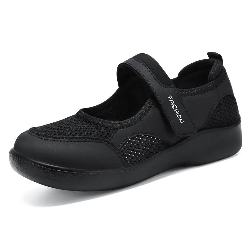 Women's grey mesh casual shoes with velcro fastening and round toe