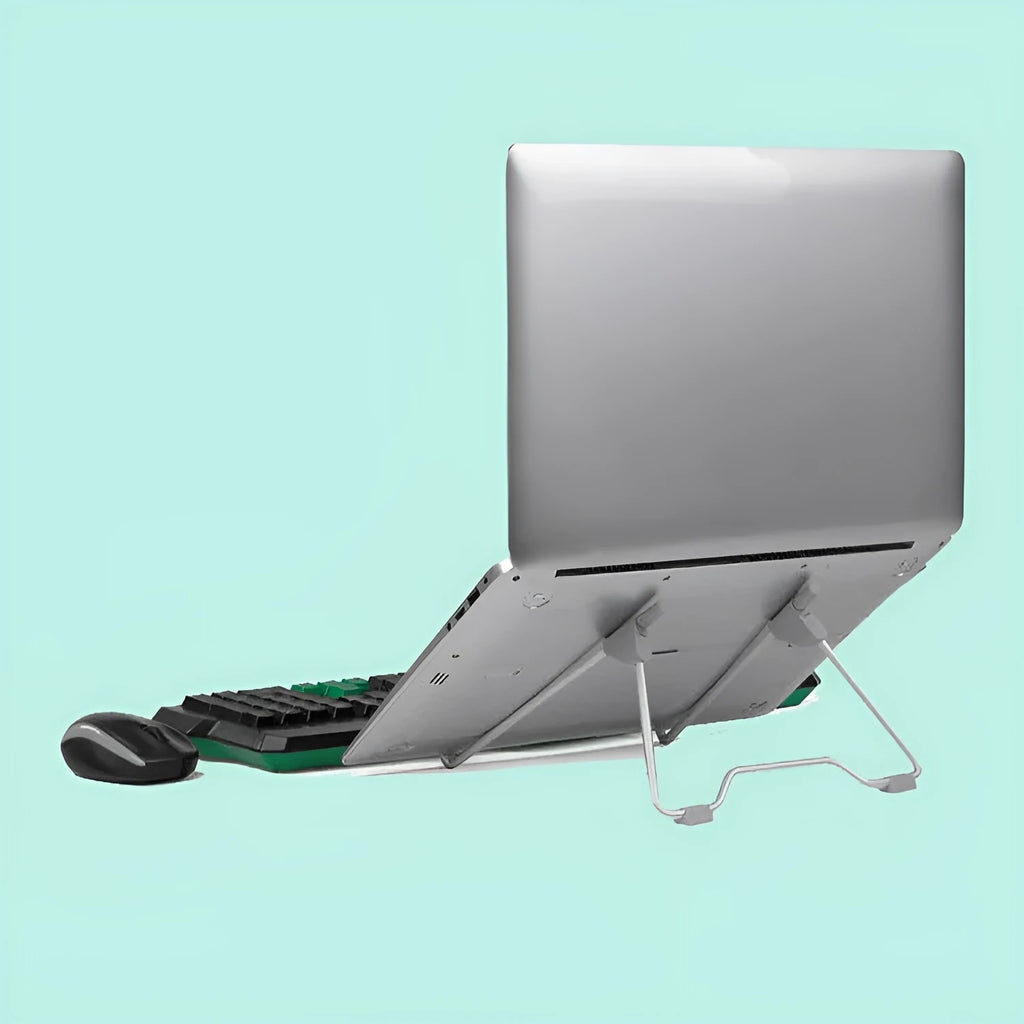 Grey aluminium alloy and engineering plastic mobile phone and laptop stand on desk