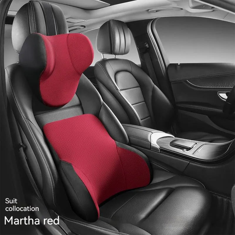 Memory foam and latex car lumbar support pillow and matching headrest with knitted fabric cover.