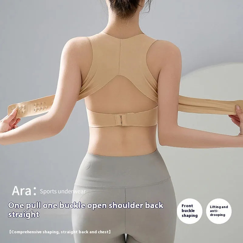 Front buckle closure sports bra for women in black, white and nude colours with back shaping design.