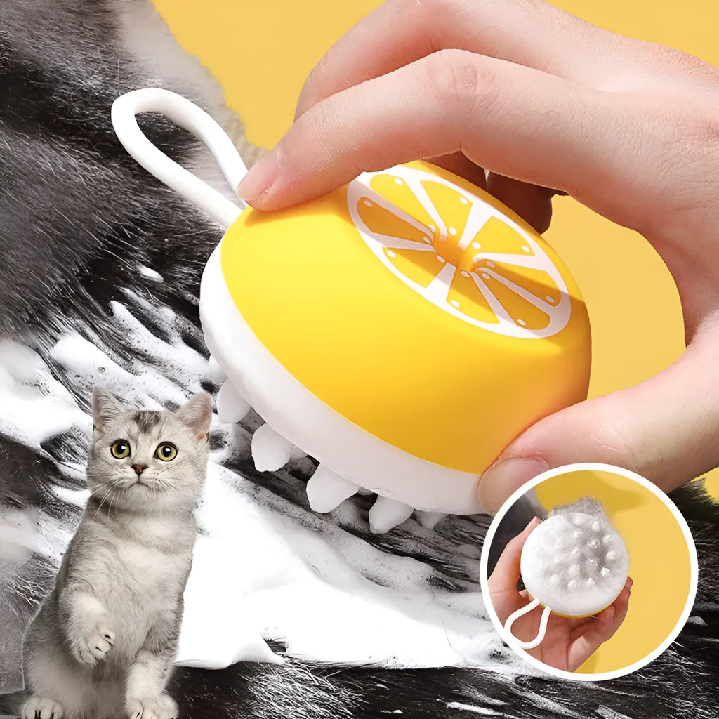 Yellow silicone pet bath brush with comb teeth and massage nodes on a 2-in-1 head.