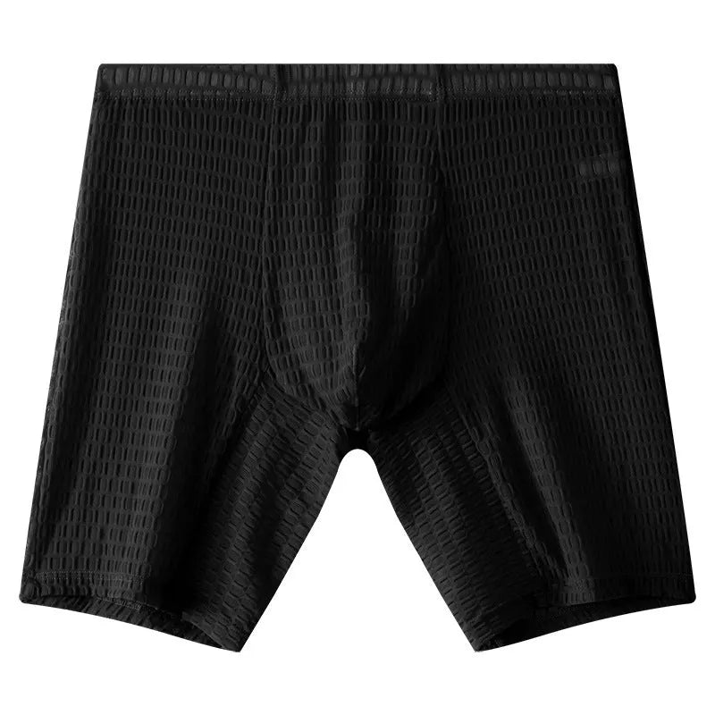 Men's white lace boxer shorts with a lengthened leg and mid-waist design on a plain background.