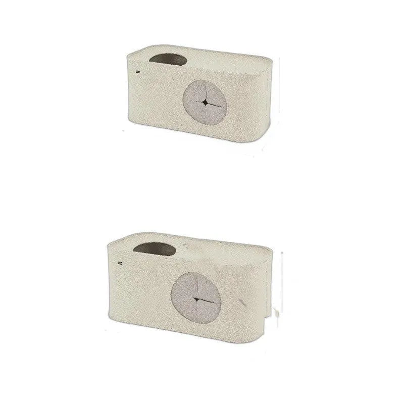 Foldable khaki felt cat nest shown in both bed and enclosed cage configurations.