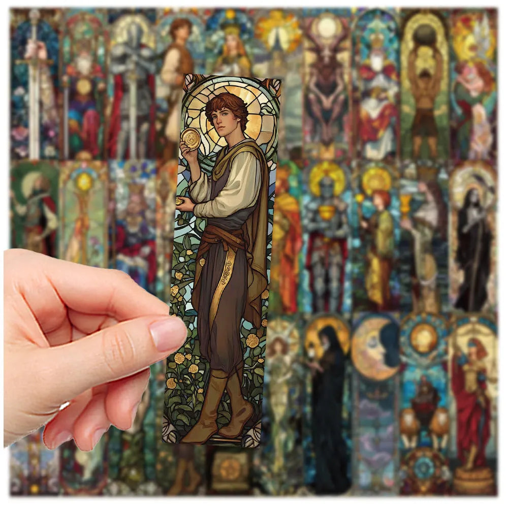Set of 30 colourful painted glass tarot-themed paper bookmarks in a cute homemade style.
