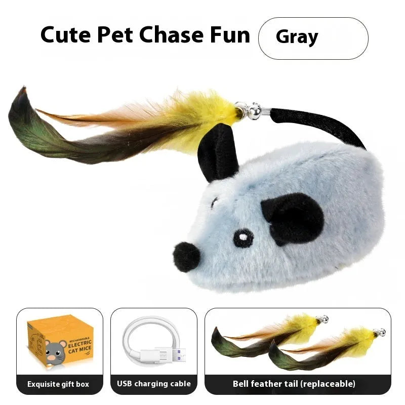 Intelligent charging simulation electric mouse cat teaser toy in grey with double tail decoration
