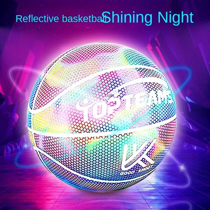 No. 7 size holographic luminous reflective basketball on a court, showing Chroma and White colour options.