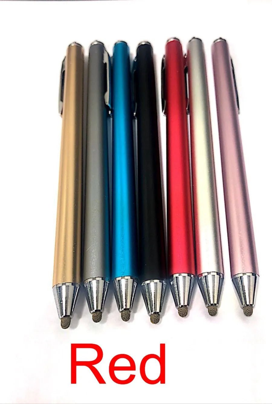 Fine tip metal stylus pen for touch screen tablets and smartphones in assorted colours.