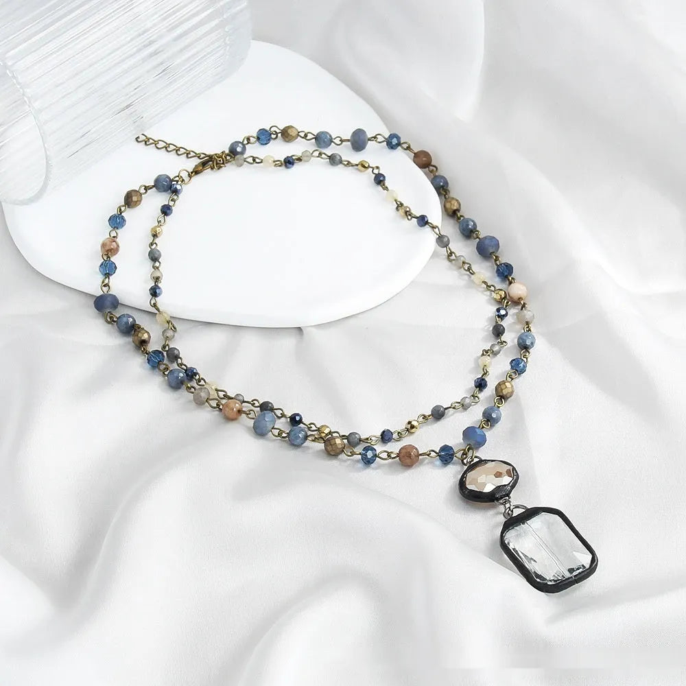 Tribal style necklace with two-layer stone and glass pendant on adjustable alloy chain