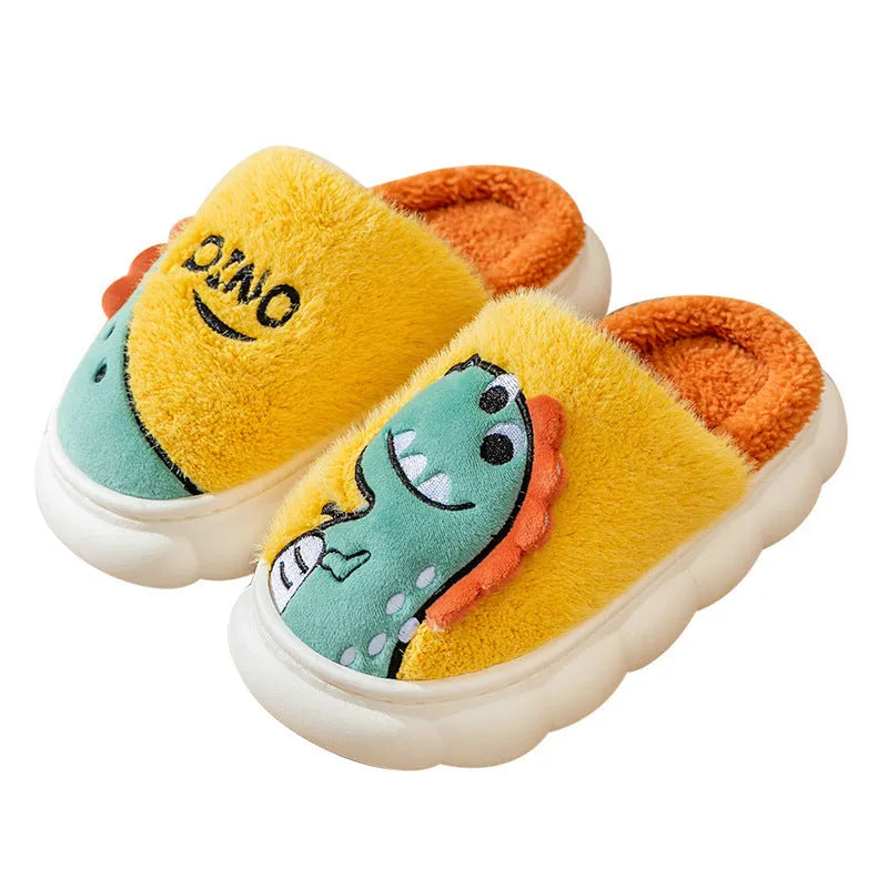 A pair of plush cotton dinosaur-design slippers for couples, shown in grey, coffee, and orange yellow colour options.
