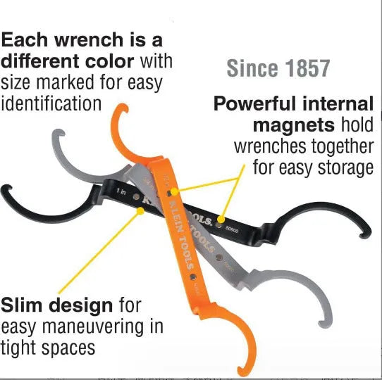 Three colour-coded magnetic suction catheter locking wrenches: orange, grey, and black, arranged as a tool set.