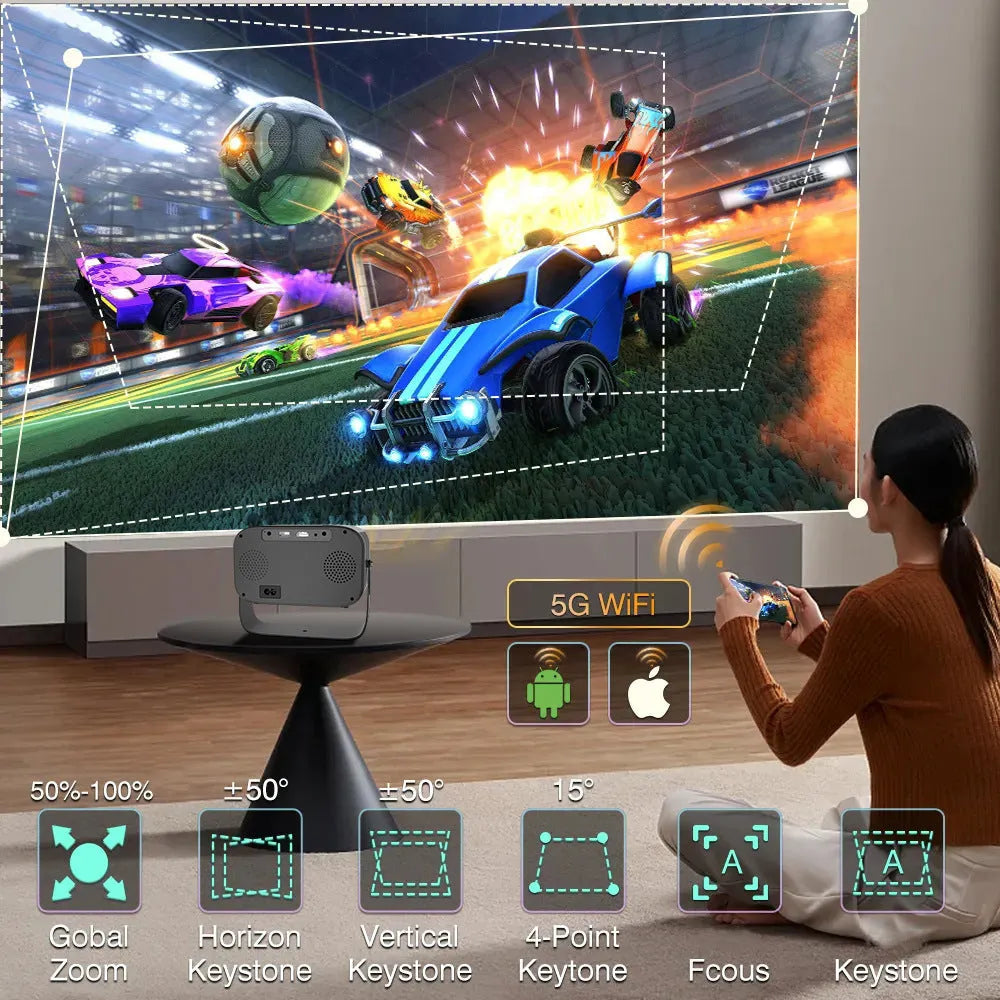 Black HD smart portable projector with remote control and cables for home office use