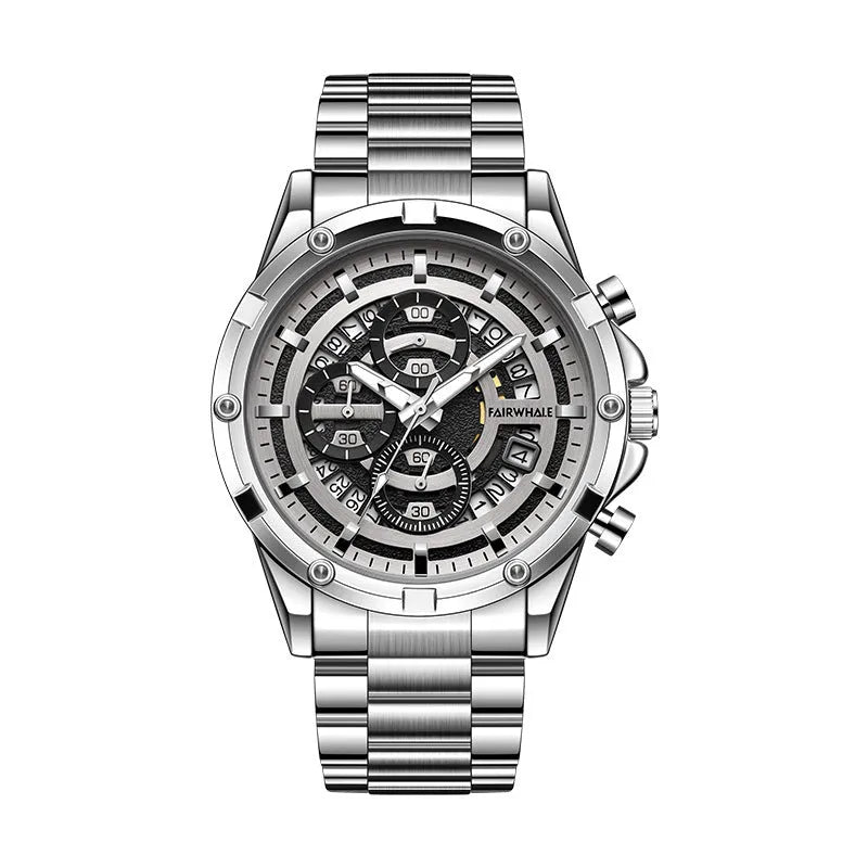 Men's waterproof luminous quartz watch with steel belt in black/blue, black/gold, or silver/white colour options