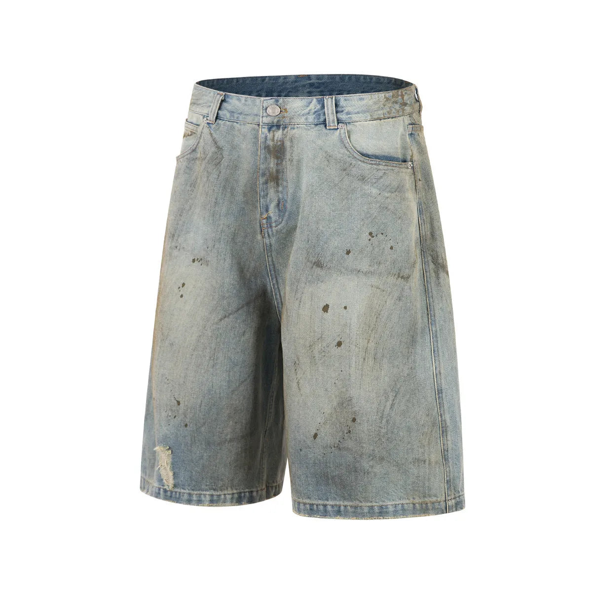 Men's blue washed cotton denim trousers with cropped length and straight-leg streetwear style