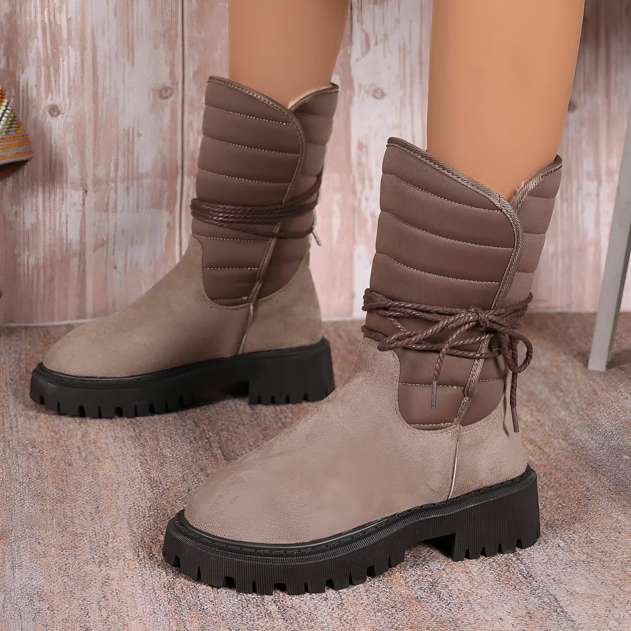 Women's black chunky heel snow boots with lace-up design and fleece lining on a high-top suede upper.