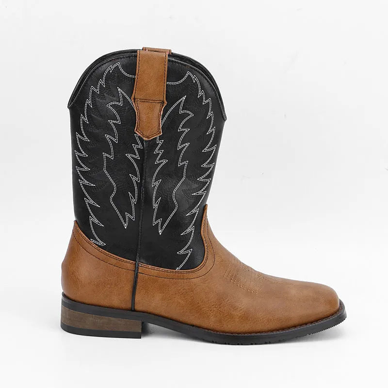 Men's black square toe western-style motorcycle boots with embroidery detail on artificial leather upper.
