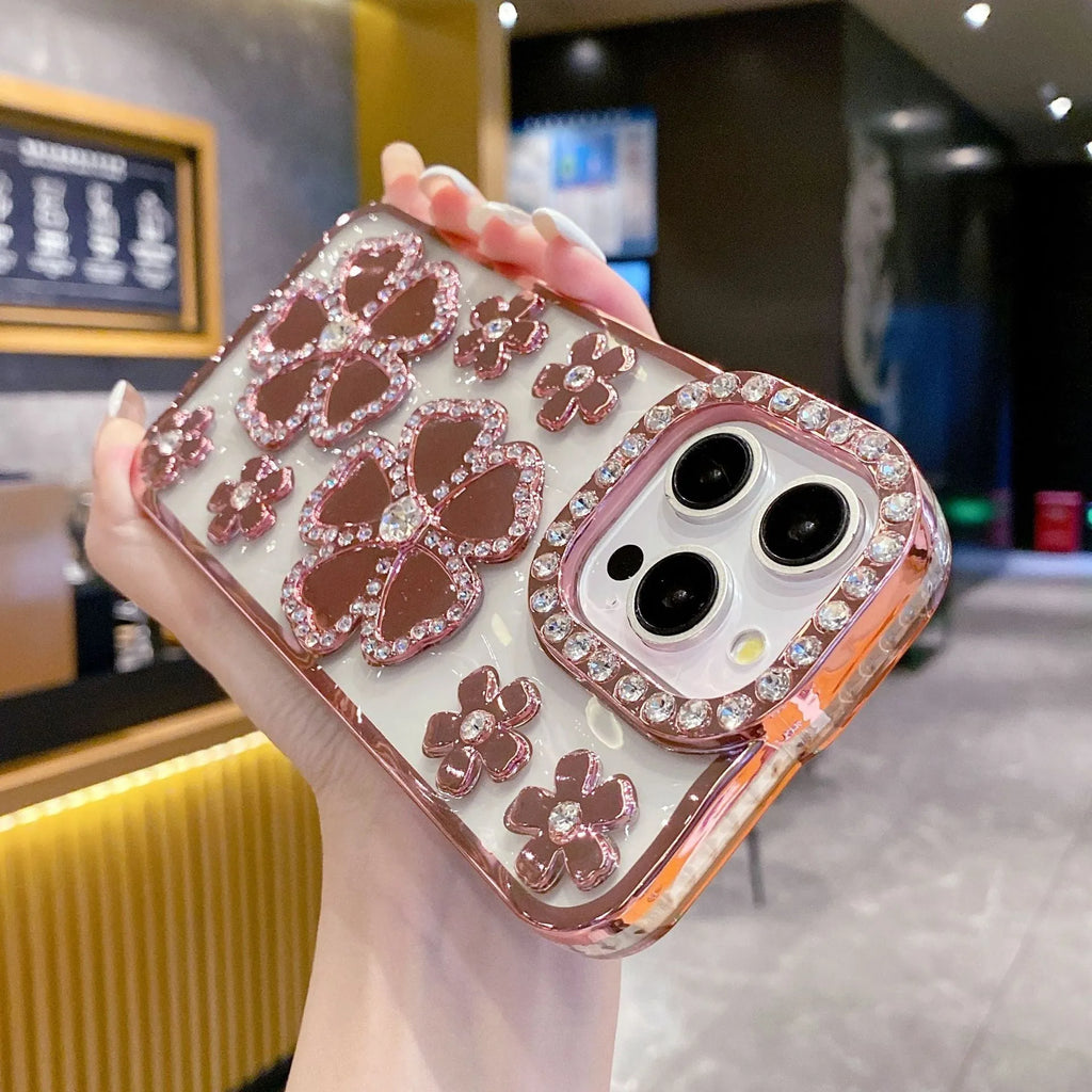 Plum blossom diamond flower plated phone case for iPhone in rose gold, TPU and acrylic back cover with bracket