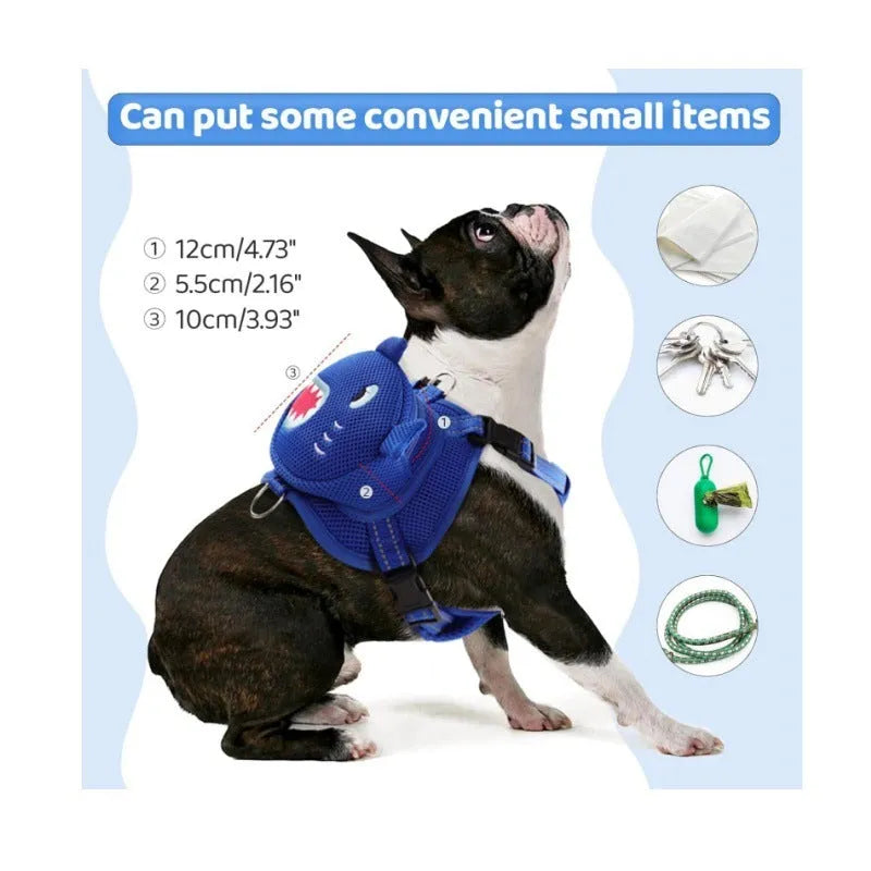 Adjustable polyester pet dog breast strap backpack with cartoon animal pattern, blue option, 10x10x3cm size