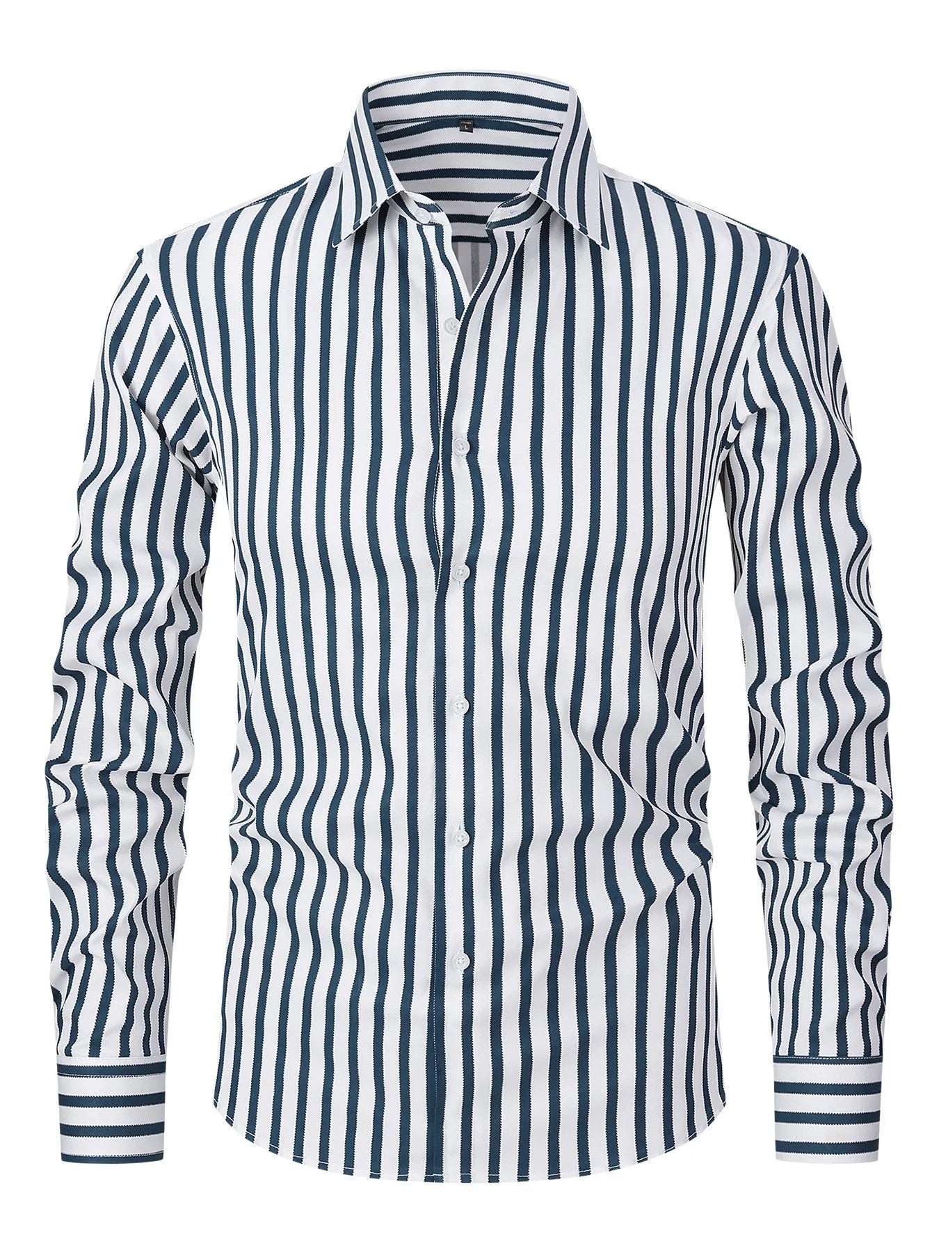 Men's slim-fit long sleeve striped business shirt in a blue and white colour pattern.