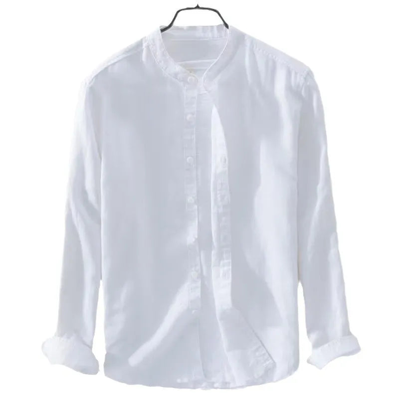 A man's loose-fitting, long-sleeve casual shirt in a cotton linen blend, shown in a solid colour.