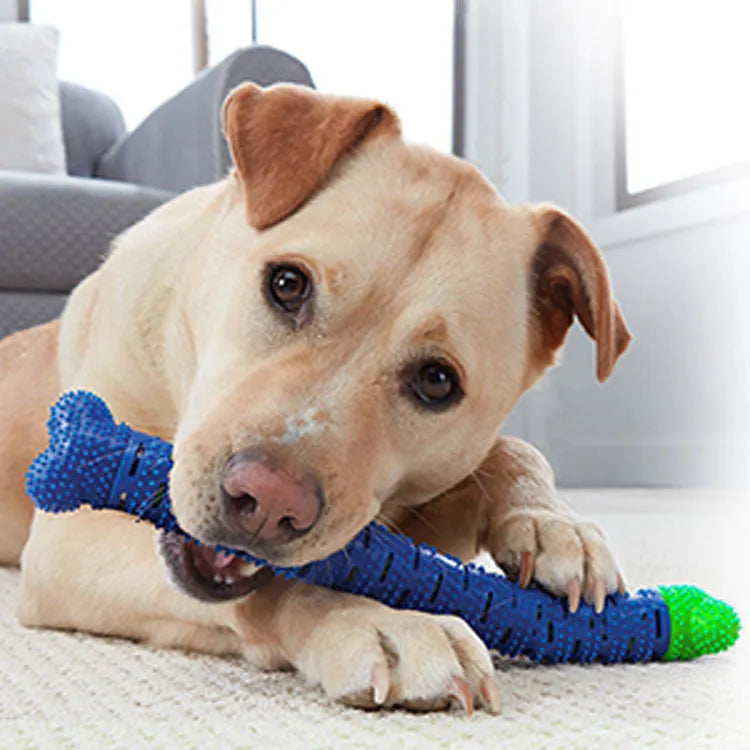 Blue silicone dog chew toy with textured brush head design for dental cleaning.