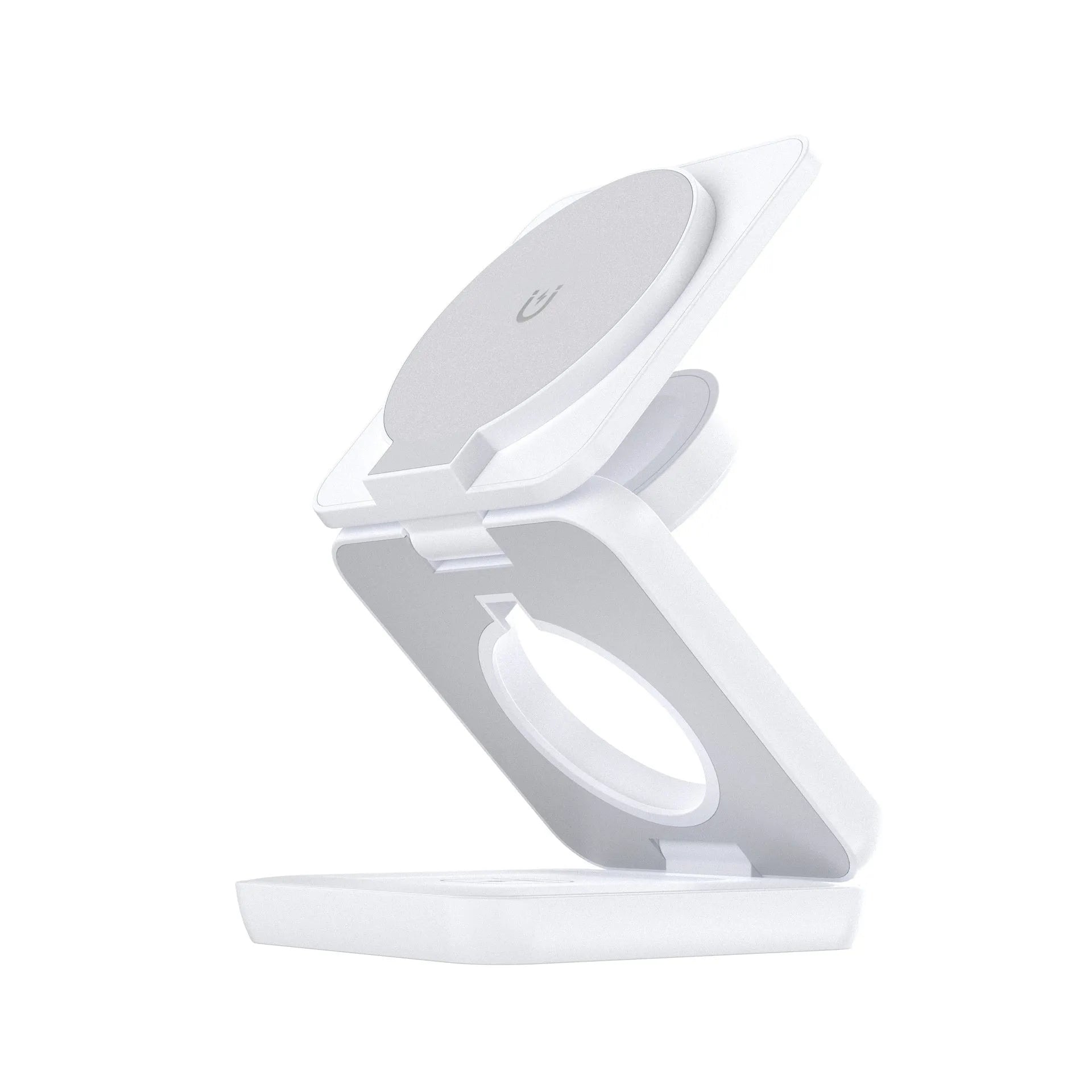 Black foldable magnetic wireless phone charging holder showing stand and compact size.